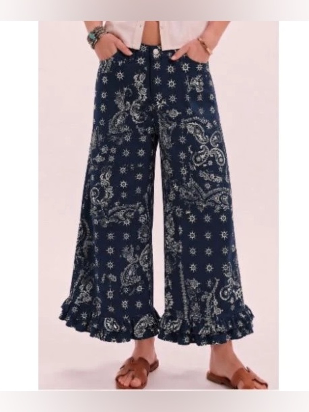 BRAND NEW WITH TAGS Navy Paisley Ruffle Hem Pants